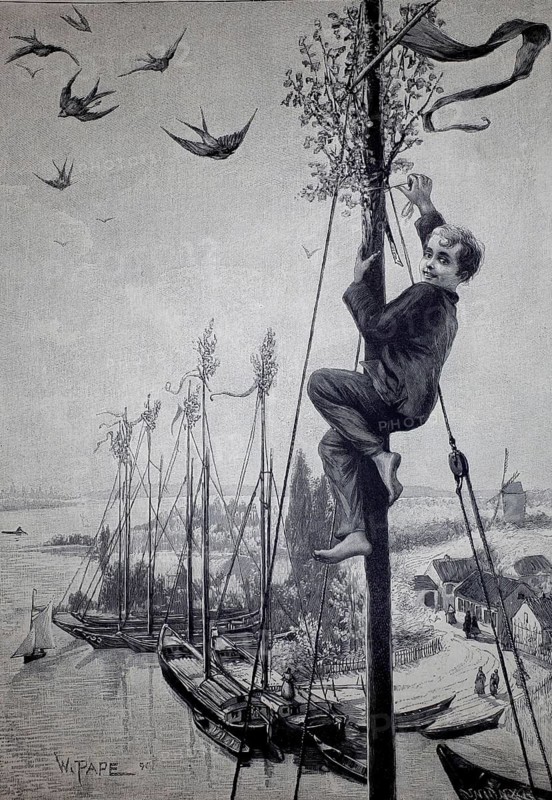The decoration of Havel barges at Pentecost, 1896, Germany, illustration, reproduction from a model from the 19th century. Authentic, file restored for optimal use, exact date of original unknown, Historic, A boy climbs on a mast while boats are moored below him and birds are circling in the sky