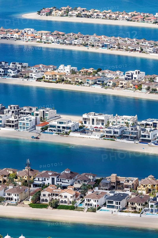 Artificial island in the shape of a palm tree The Palm Jumeirah with luxury villas and beachfront properties in Dubai, United Arab Emirates