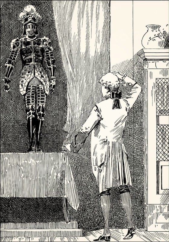 Wilhelm and the old king of Denmark in armor, the spirit of your father, scene from the novel Wilhelm Meister's Apprenticeship, Wilhelm Meisters Lehrjahre, by Johann Wolfgang von Goethe