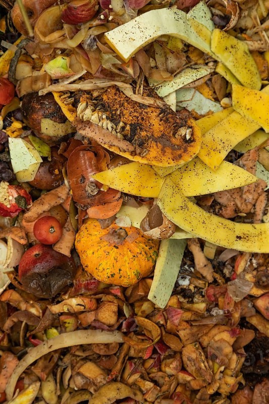 Compost pile made of organic food, leaves, vegetable and fruit Waste mix, Zero waste and Eco friendly Recycling concept