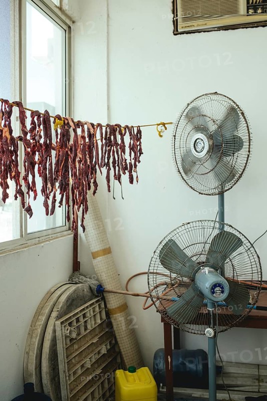 Dried camel meat in the camel restaurant with its own camel butchery on the state road from Salalah to Muscat near Wadi Hanun, Dhofar, Oman