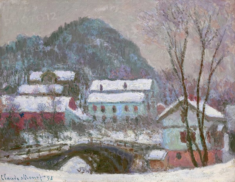 Claude Monet (b. 14 November 1840 in Paris as Oscar-Claude Monet, d. 5 December 1926) important French painter, Impressionist style. Here his work, Sandviken, Norway, snow effect (1895), Norway, snow effect (1895), Snow-covered village with bridge and trees, surrounded by wintry landscape