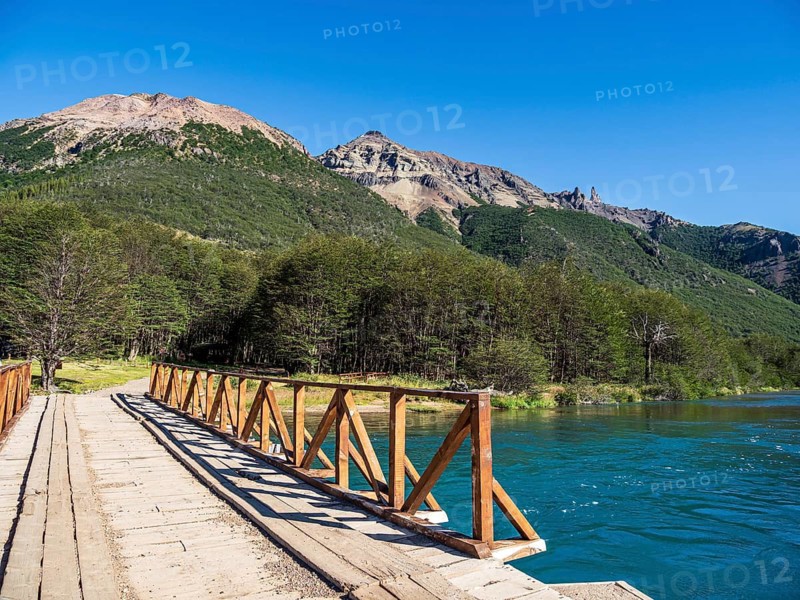 Lake Lago Jeinimeni, bridge over river flowing out of the lake, Jeinimeni National Park, section of Park Patagonia, Patagonia, Chile