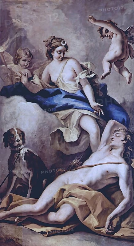 Endimione and Selene, painting by Sebastiano Ricci, Endimione, according to myth a shepherd or the king of Elis in the Peloponnese, with whom the moon goddess Selene fell in love, Historic, digitally restored reproduction of an original painting from the period, exact original date not known
