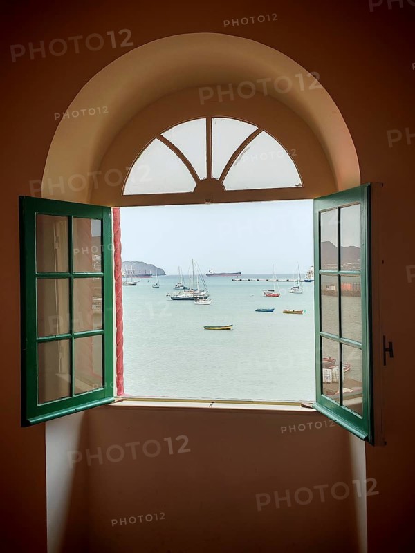 View of the sea through an open window with boats in a quiet atmosphere, Torre de Belem, Mindelo, Sao Vicente, Cabo Verde, Cape Verde, Cape Verde