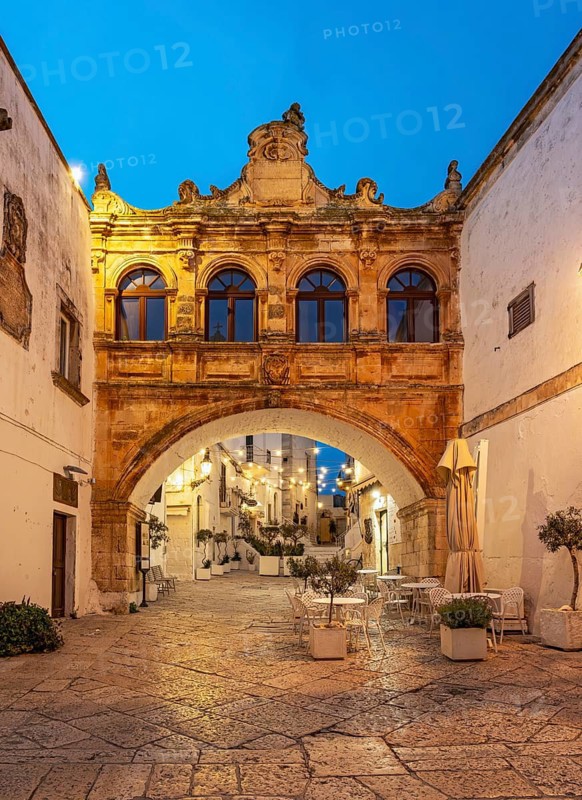 Arco Scoppa archway at night, Ostuni, Apulia, Puglia, Italy