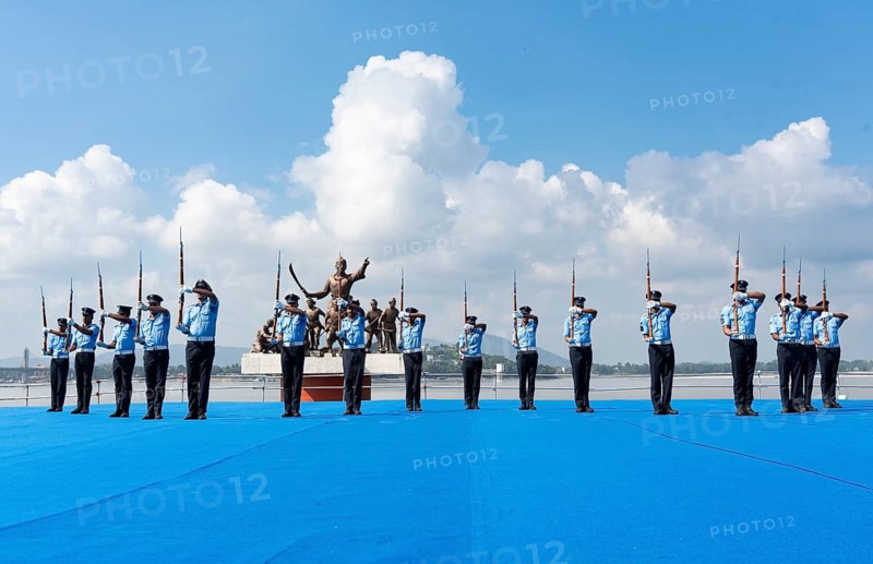 Indian Air Force personnel performs a bayonet drill demonstration on the bank of Brahmaputra river, during rehearsals ahead of the air show organised as part of the 93rd Air Force Day celebrations, on November 5, 2025 in Guwahati, India