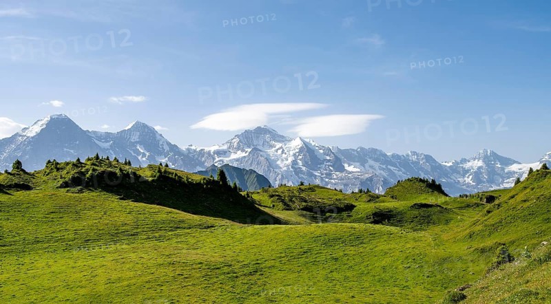 Picturesque mountain landscape, mountain panorama with peaks Eiger, Mönch and Jungfrau, Bernese Alps, Bernese Oberland, Switzerland
