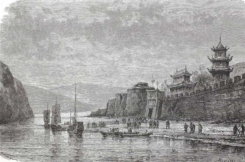 Depiction of the Chinese city of Yunyang, now Shiyan, Hubei Province, on the banks of the Han River, 1875, China, from the Sosnowski Voyage through China, The Sosnowski Expedition (1874-1875) was an important Russian research and trade mission to China. Its aim was to open up new land routes for trade, and to examine the economic prospects, Illustration, Reproduction from a 19th century original. Authentic, file restored for optimal use, exact date of original unknown, Historical