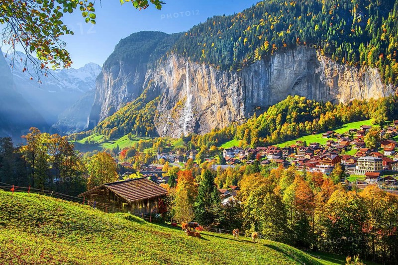 View of town and valley with Staubbach waterfall in autumn, Lauterbrunnen, Bernese Oberland, Canton of Bern, Switzerland