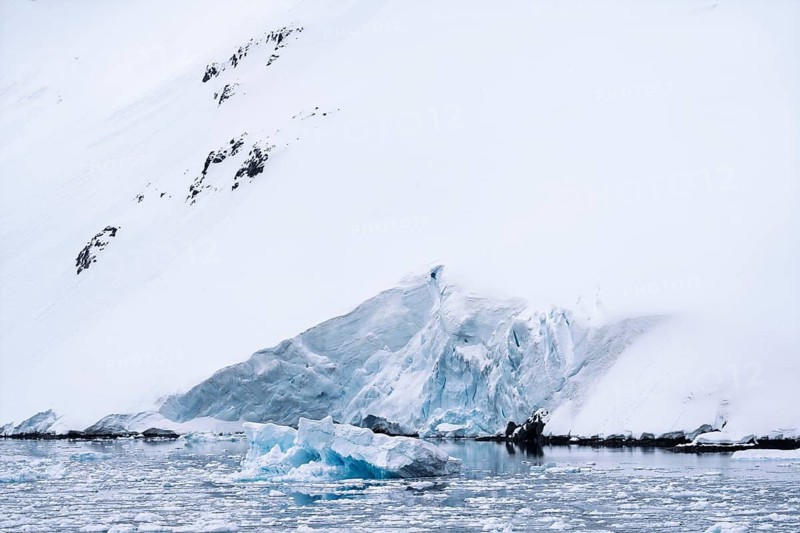 Glacier tongue with shimmering blue ice meets sea, floating iceberg and broken ice in the water, snow-covered mountainside in the background, Andvord Bay, Antarctic Peninsula, Antarctica