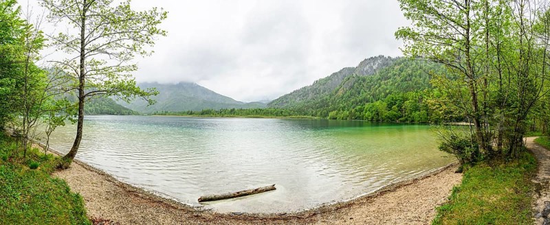 Landscape of Lake Offensee on a rainy day in spring, Salzkammergut, Austria