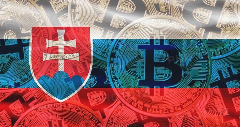 Slovak flag with Bitcoins in the background. Investors in cryptocurrency and Blockchain Technology in Slovakia
