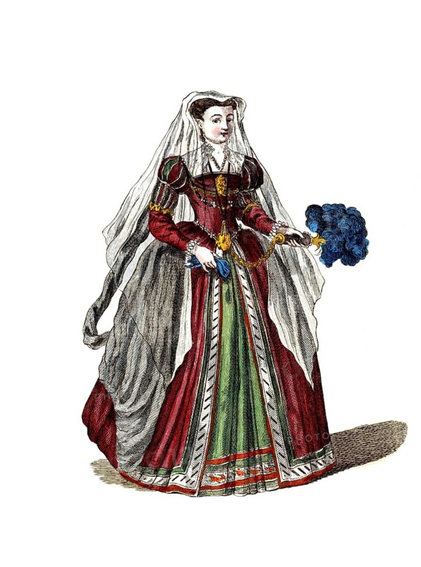 Historical clothing, fashion in the course of time, woman's fashion in Bologna around 1745, Italy, digitally restored reproduction of a model from the 18th/19th century, exact date unknown, Renaissance woman with red dress, veil and blue fan