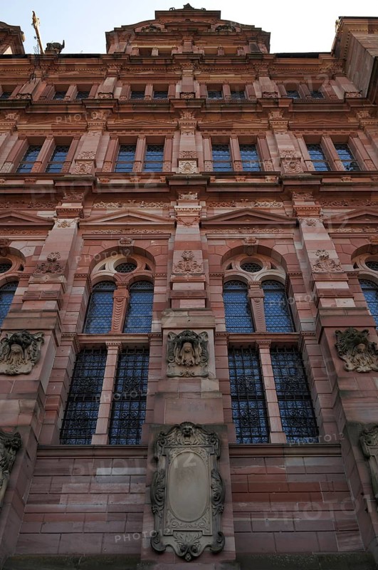 Façade (detail) of the Friedrichsbau of the Heidelberg castle ruins as seen from the Altan, destroyed in 1689, castle courtyard, Heidelberg, Baden-Württemberg, Germany