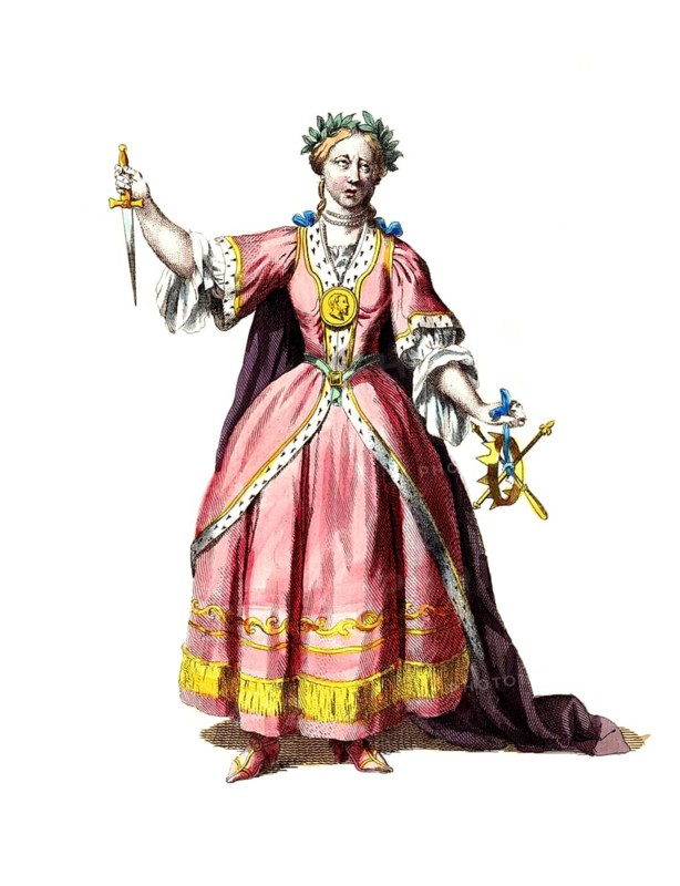 Historical clothing, fashion over the course of time, symbolic representation of Melpomene, one of the nine muses. She is the muse of tragic poetry and mourning song, digitally restored reproduction of a model from the 18th/19th century, exact date unknown, woman in medieval dress with sword and crown, wearing a pink dress and a cloak