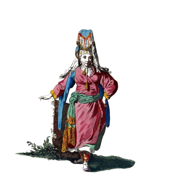 Historical clothing, fashion over time, clothing of a woman of the Votyaks in Siberia in 1768, digitally restored reproduction of a model from the 18th/19th century, exact date unknown, woman in traditional, colourful clothing leaning relaxed against a tree trunk