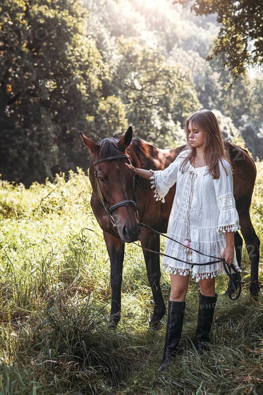 A young girl in a white dress gracefully pets a brown horse in a scenic sunlit field. The ambiance is peaceful and harmonious, capturing the bond between human and animal