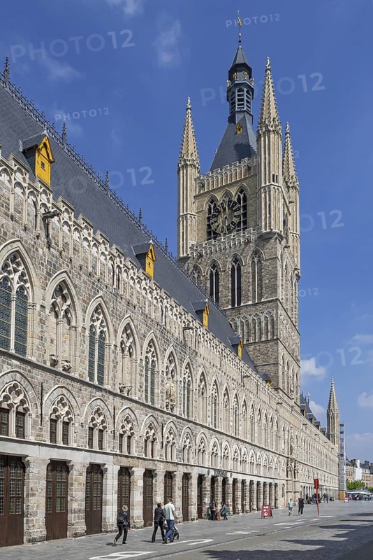 13th century Gothic Cloth Hall, belfry and In Flanders Fields Museum at city Ypres, Ieper, reconstructed after World War One, West Flanders, Belgium