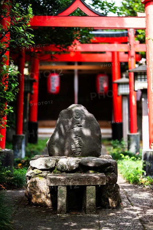 A serene stone marker sits under a vibrant red gate at Daihoonji, Senbon Shakado Temple in Kyoto, Japan, surrounded by lush greenery and traditional architecture