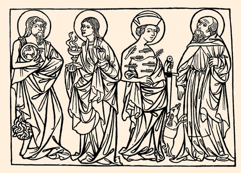 Saint Sebastian, John the Evangelist, Antony the Great, wood engraving, 1420