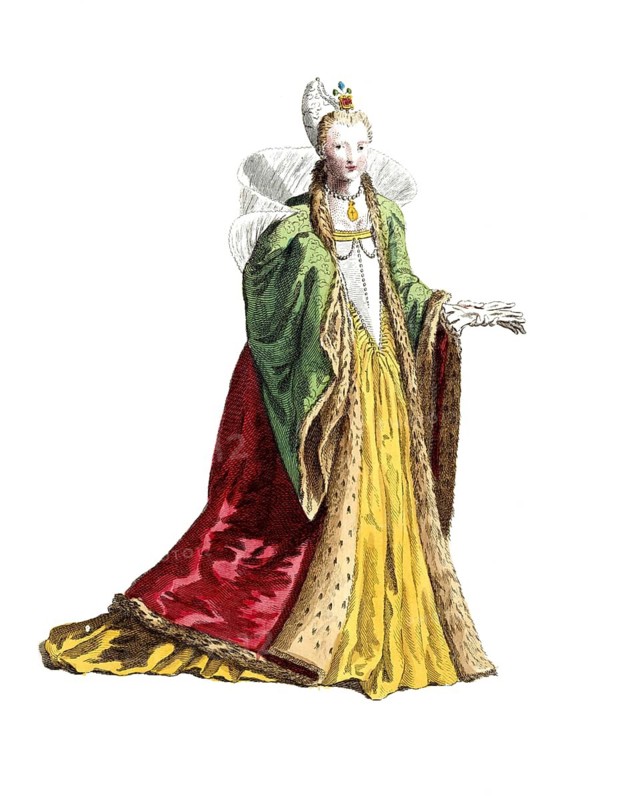 Historical clothing, fashion over time, clothing of the Duchess of Venice in 1581, Italy, digitally restored reproduction of an 18th/19th century model, exact date unknown, woman in green and red Renaissance wardrobe with elaborate headdress