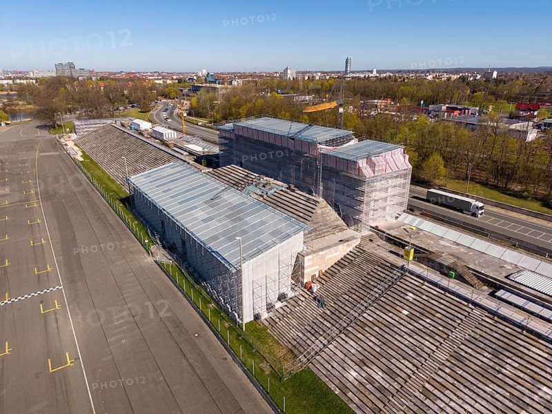 Aerial view of the equipped zeppelin stand at Norisring, former Reichsparteitag site during extensive renovation work, scaffolding, Nuremberg, Middle Franconia, Bavaria, Germany