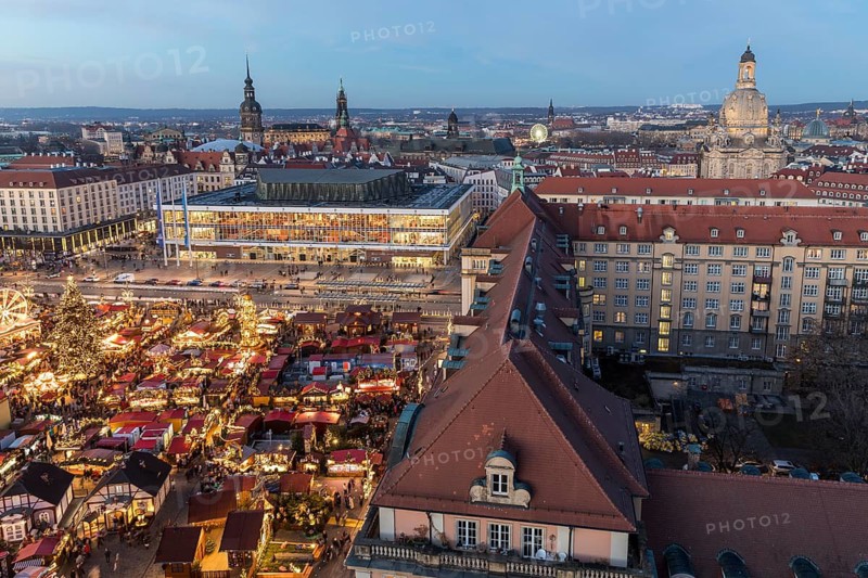 Striezelmarkt Christmas market and the old town from above with castle, Kulturpalast and Church of Our Lady, Dresden, Saxony, Germany