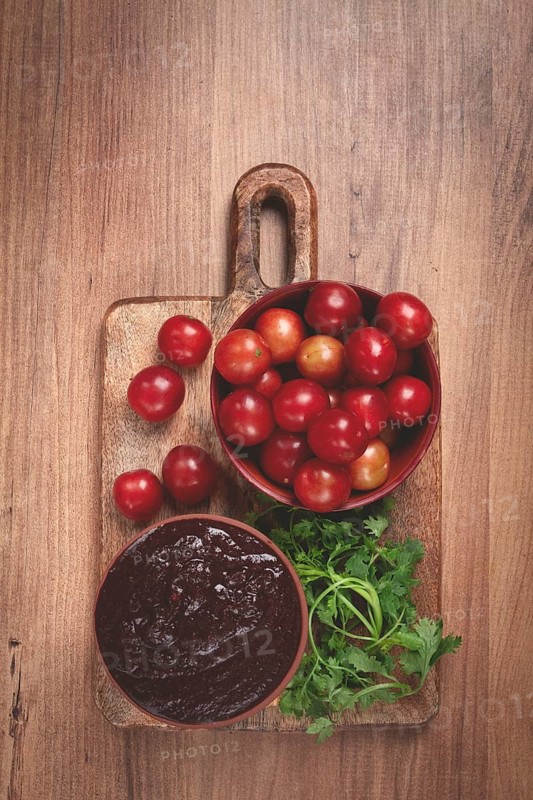 Tkemali sauce, from red cherry plum, Georgian tkemali sauce, top view, no people