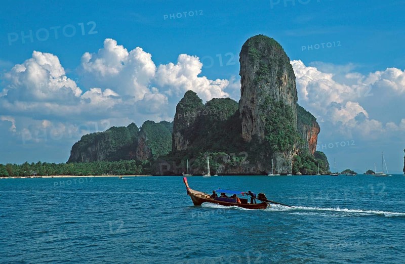 Longtail boat, rocks in the sea, Railay East, two years in front of the tsunami, Krabi, Thailand, December 2002, vintage, retro, old, historic