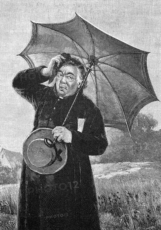 Dog Days, Priest in his habit with a parasol, sweating in the summer weather, 1887, after a painting by Eggert, Historical, digital reproduction of an original from the 19th century