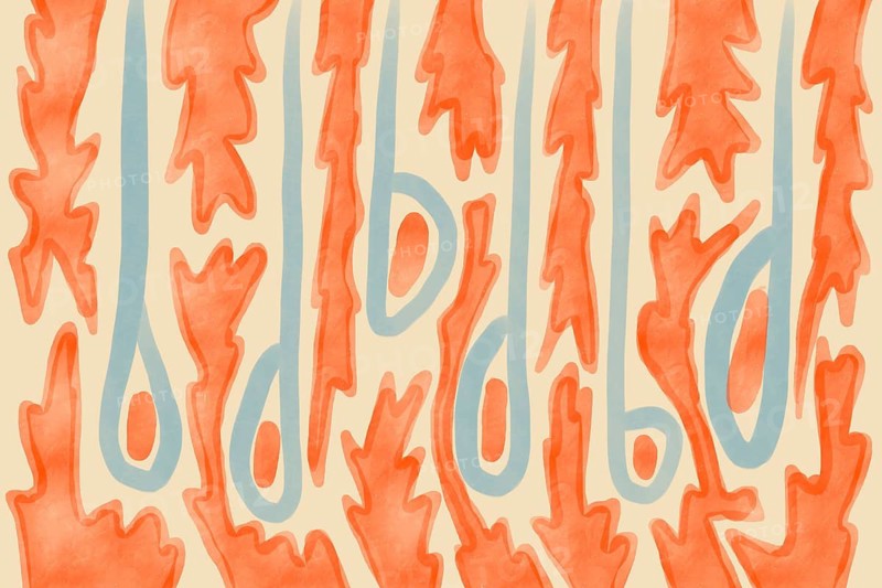 Organic pattern art featuring playful orange and blue shapes with fluid lines on a cream background, creating a warm and minimalist aesthetic reminiscent of mid-century design