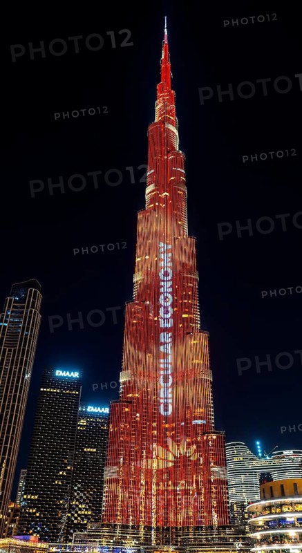 Night shot, illuminated advertising at the Burj Khalifa, Downtown, Dubai, United Arab Emirates