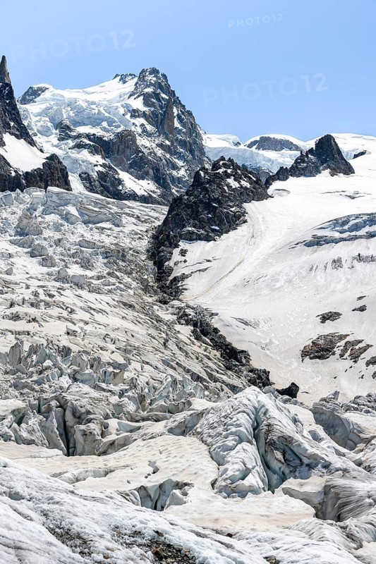 La Jonction, glacier tongue, Glacier des Bossons meets Glacier de Taconnaz, summit of Mont Maudit and Mont Blanc, Chamonix, Haute-Savoie, France