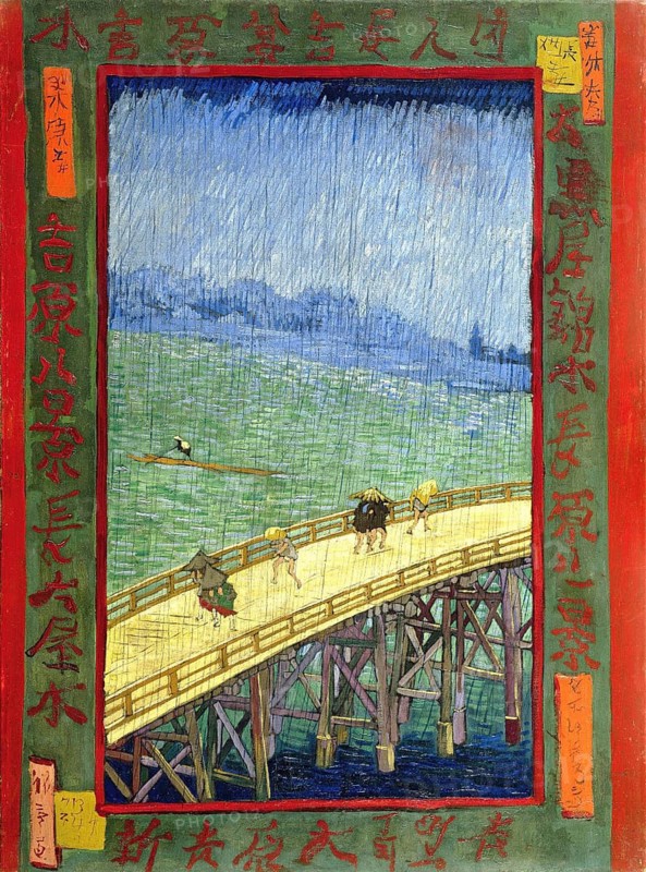 Bridge in the rain (after Hiroshige) (1887), Brücke im Regen (nach Hiroshige) (1887), Painting by Vincent Willem van Gogh (born 30 March 1853 in Groot-Zundert, died 29 July 1890 in Auvers-sur-Oise), Dutch painter and draughtsman, one of the founders of modern painting, Illustration, Reproduction from a painting. Authentic, exact date of the original unknown, Historical, Vivid depiction of a lively bridge over water with Japanese characters