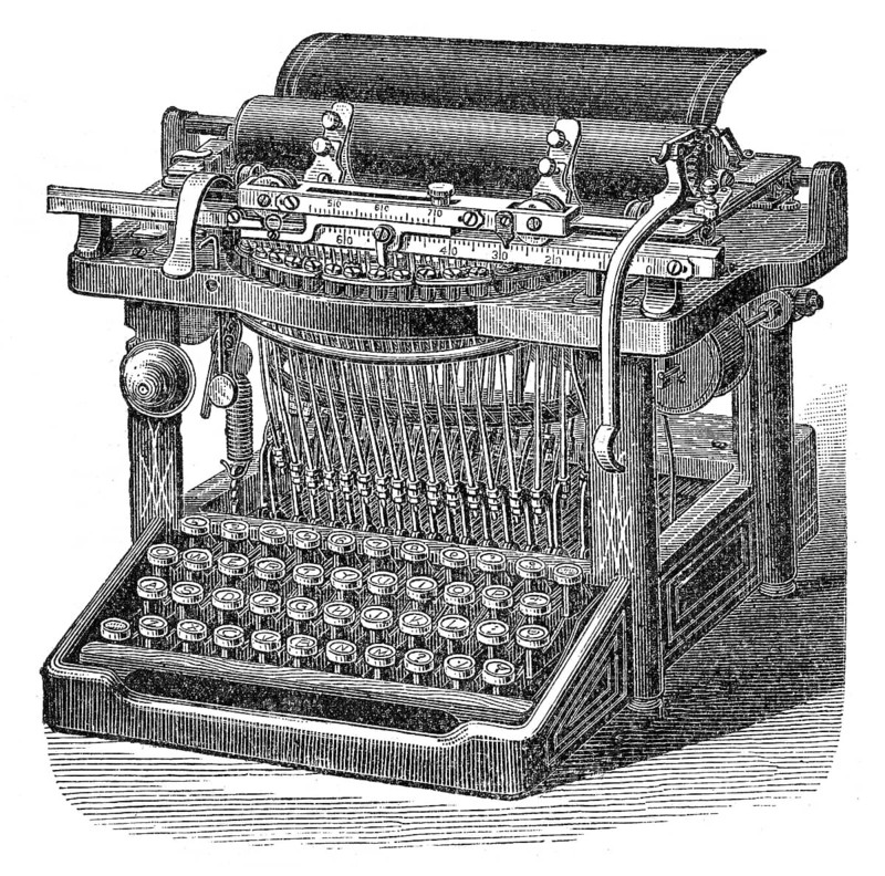Historical illustration, 19th Century, old typewriter, alte Schreibmaschine, historische Zeichnung, 19. Jahrhundert