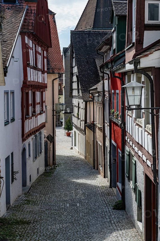 The Luziengasse with row of half-timbered houses in the historic old town of Überlingen am Lake Constance, Bodenseekreis, Baden-Württemberg, Germany