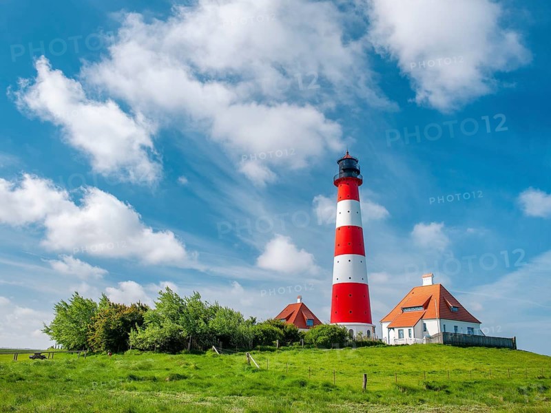 The Westerheversand lighthouse under a blue sky with white clouds, Westerhever, Eiderstedt peninsula, Schleswig-Holstein, Germany