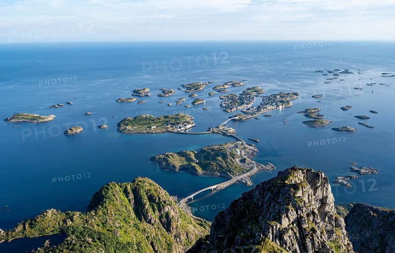 Bridges connecting numerous small rocky islands, archipelago islands, view of Henningsvær, Vågan, Lofoten, Nordland, Norway