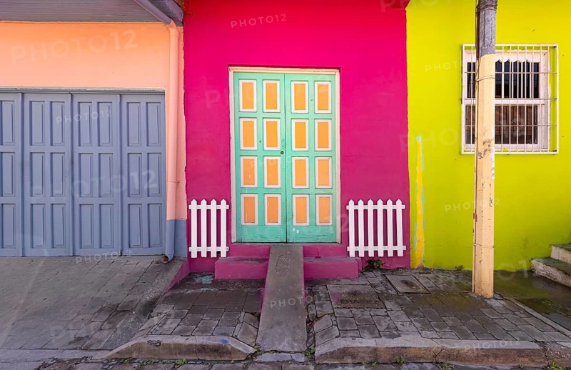 Colorful colonial architecture of historic center of Flores, Guatemala