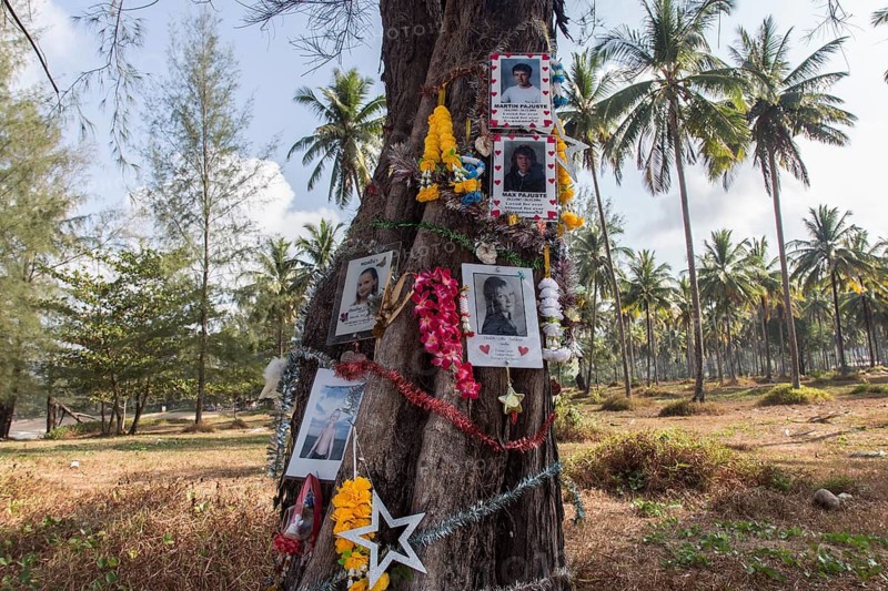 Khao Lak, Thailand, 08.02.2014 JE - Photos of tsunami victims who died at this location on the beach in Khao Lak, Thailand, are attached to a tree on the beach, Khao Lak, Thailand