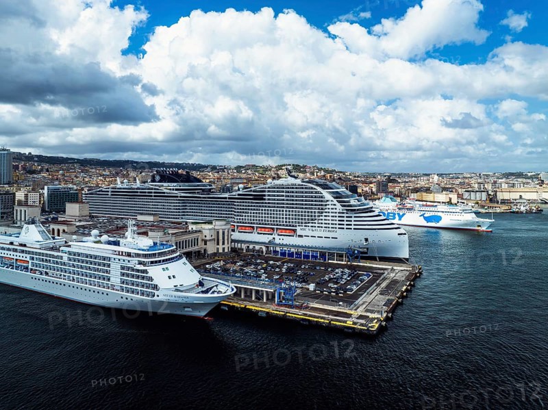 Naples Ferry Terminal from a drone, Molo Immacolatella Vecchia, Naples, Campania, Italy