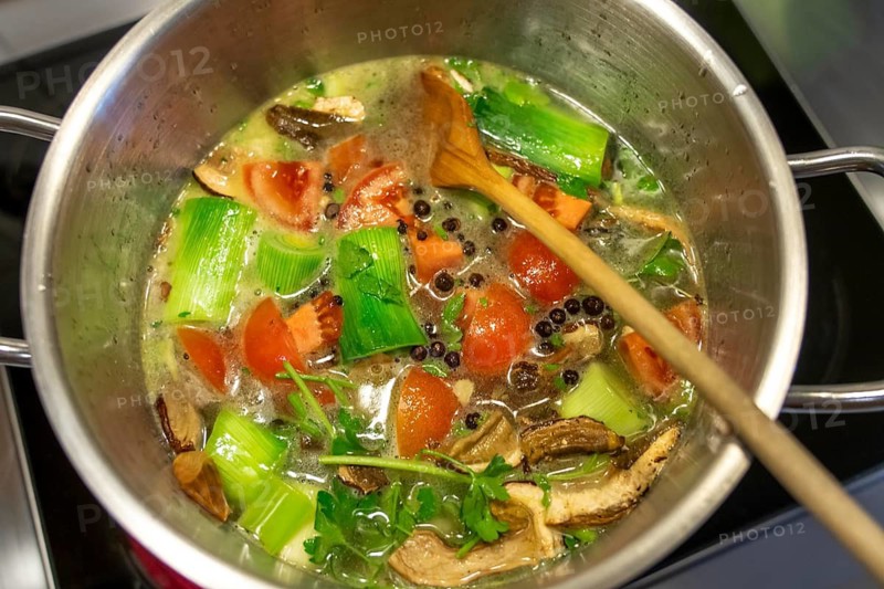 Vegetable soup, or vegetable stock, is cooked with various vegetables, which are slowly simmered with herbs and spices, later strained out, leaving behind a vegetable stock, vegetable stock for further processing, for soups, sauces, etc