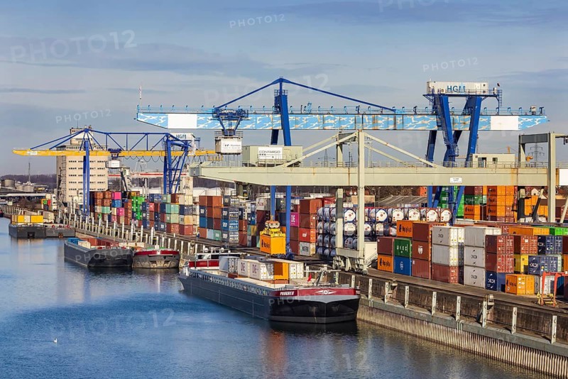The port of Mannheim is one of the most important inland ports in Europe. The harbor basins stretch across the Rhine and Neckar. Container terminal in Mühlauhafen. Mannheim, Baden-Württemberg, Germany
