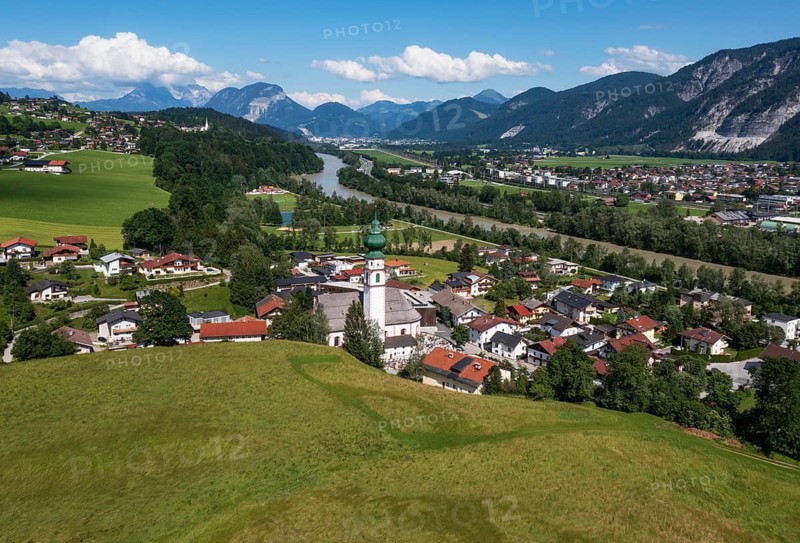Drone image, view of village with parish church, Breitenbach am Inn, Inntal, Tyrol, Austria