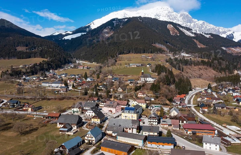 Drone image, residential buildings, view of town, Ardning, Ennstal, Styria, Austria
