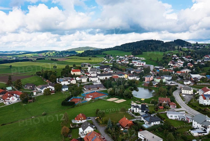 Drone image, view of the village with parish church, Grünbach near Freistadt, Mühlviertel, Upper Austria, Austria