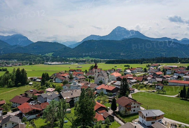 Drone image, view of the village with parish church, Wängle, Rettener Becken, Tyrol, Austria