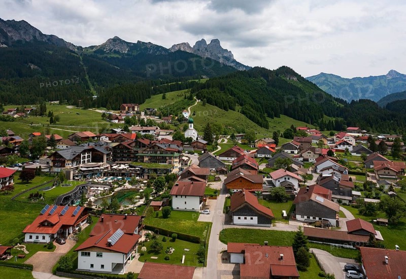 Drone image, view of the village, Grän, Tannheimer Tal, Reutte district, Tyrol, Austria