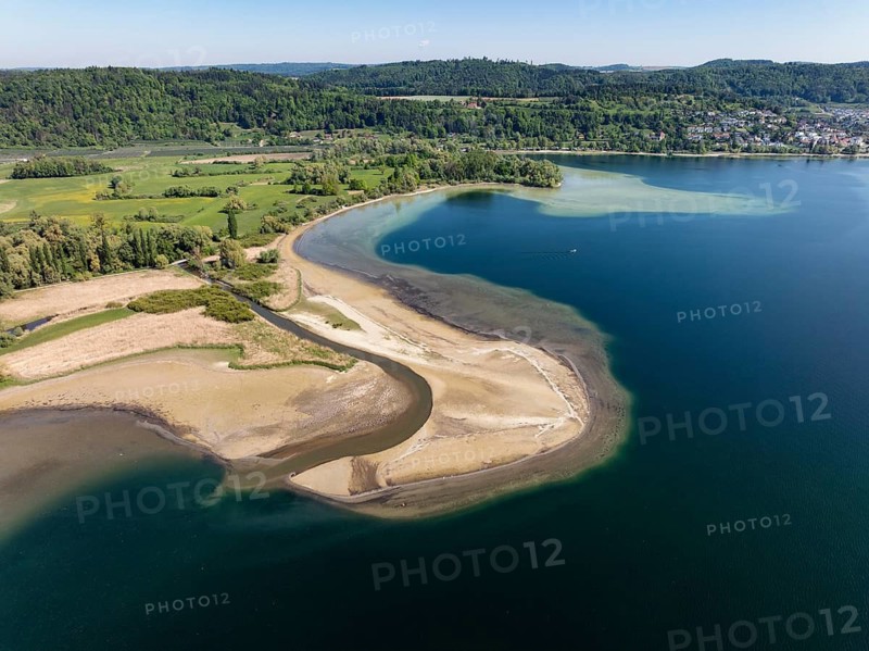 Aerial view of the mouth of the Stockacher Aach at low water, which flows into Lake Überlingen. The sedimentation of the suspended matter and sediment carried by the tributary is gradually silting up the shore zone near Bodman-Ludwigshafen. Lake Constance, district of Constance, Baden-Württemberg, Germany